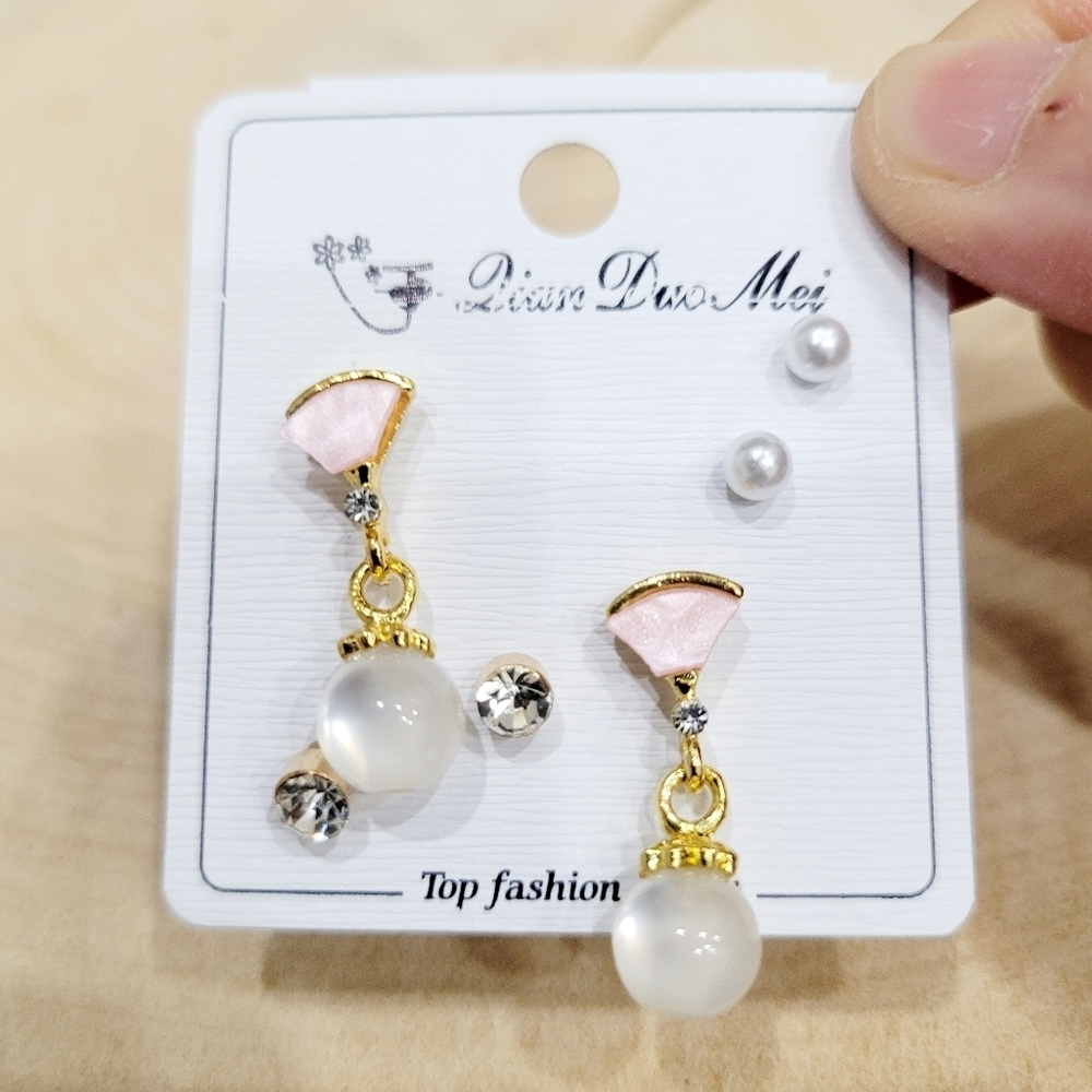 Brand New Set of 3 Gold Tone Pink Dangle Ball Earrings